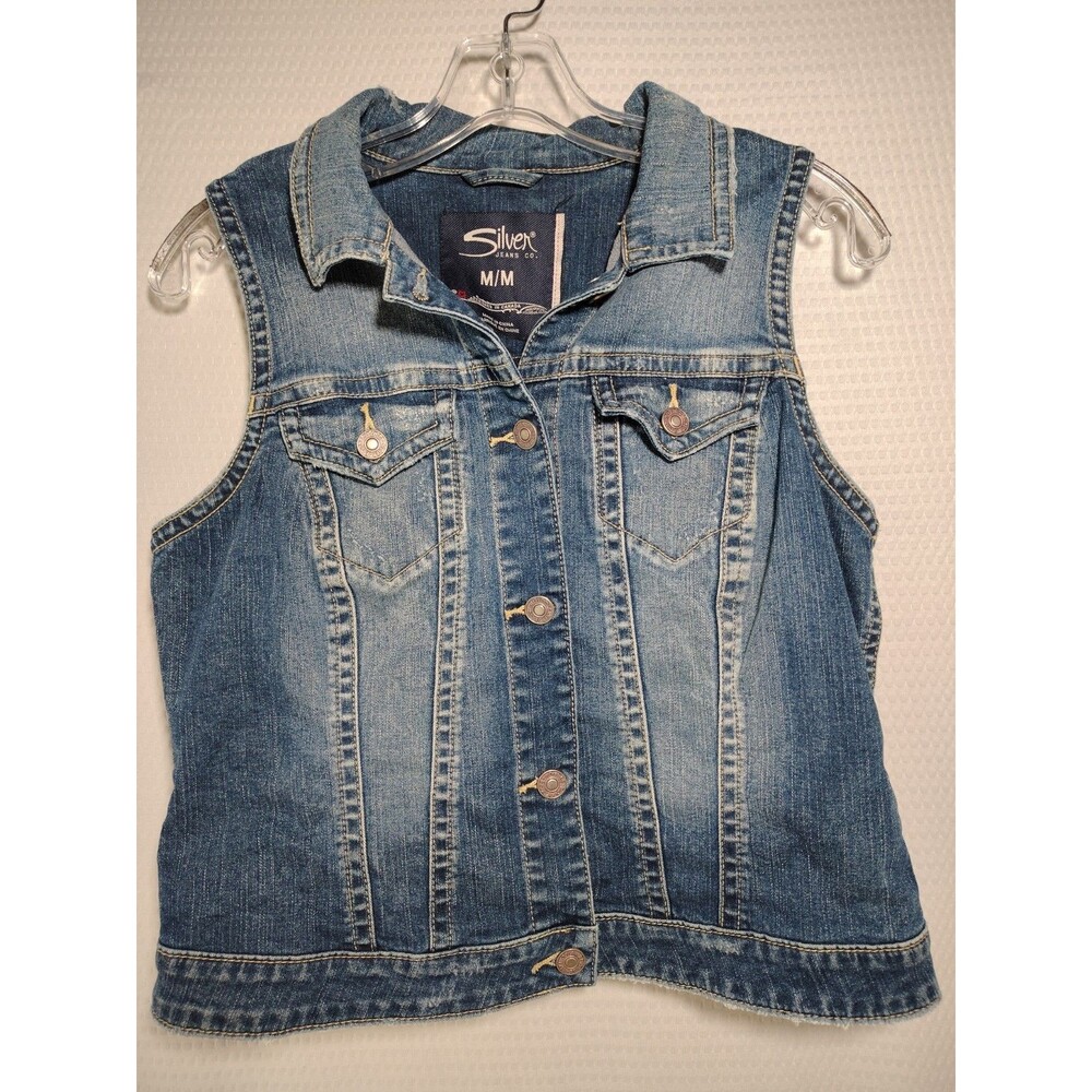 Silver Jeans Company Vest Blue Denim Distressed Womens Juniors Medium Cropped